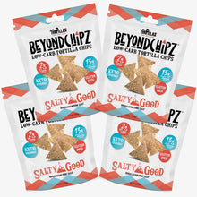 Load image into Gallery viewer, BeyondChipz Salty Good Himalayan Pink Salt tortilla chips, 4-pack of 5.3oz bags, 13g plant protein, 2g net carbs, keto friendly, gluten free
