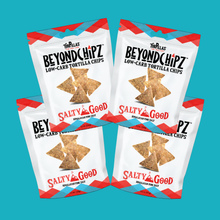 Load image into Gallery viewer, BeyondChipz Salty Good Himalayan Pink Salt 4-pack tortilla chips on a solid teal blue background
